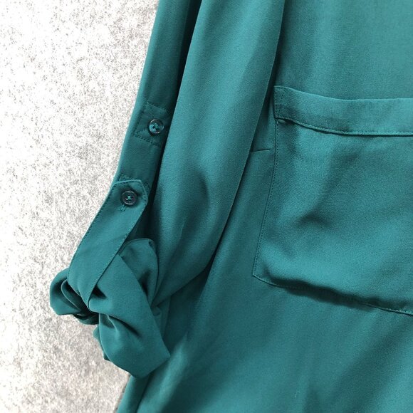 Express Portofino Shirt Womens M Emerald Green Chiffon Roll Tab Sleeve - Picture 6 of 9